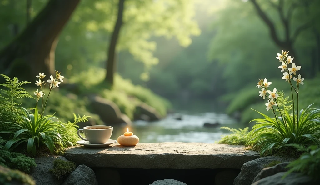 A minimalist Japanese style scene，There is a gurgling stream.Stone platform covered with ferns located deep in the tranquil forest bokeh background、Light two scented candles，Dendrobium、White silk scarf、SPA energy crystals of various colors、a cup of coffee，Create a fresh、Bright、Relaxing and comfortable atmosphere，Evoking a sense of tranquility and simplicity。A peaceful aura or meditative state has a warm and pure atmosphere