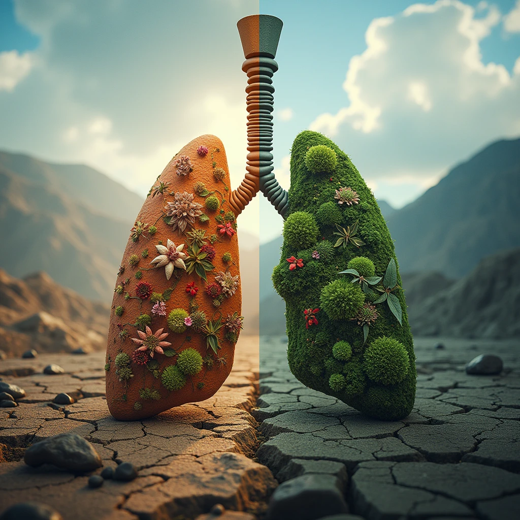 Create an image for people who quit smoking, that the image is some lungs, that in the left lung is his past as a smoker, represents his past as a smoker as a completely dry valley with no trace of fauna, and in his right lung is his present without smoking, represent it as a green valley full of flora and fauna