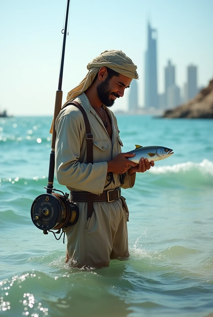 (photorealism:1.2), young arabian fisherman, standing in the sea, the water is covering his feet only, holding a fishing reel and a fish, similing confused and thinking about somthing, enjoying the sun, sun lighting, Riyadh sky scrappers in background, realistic, intricate details
