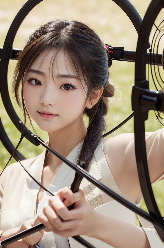 8k, RAW photo, best quality, masterpiece:1.2), (realistic, photo-realistic:1.4), (extremely detailed 8k wallpaper), japanese 20 age woman,Ultra-detailed cute face, Detailed eyes, Double eyelid,(kyudo:1.2),shoot a bow,one eye closed, standing, (holding a bow and arrow:1.2), (look target:1.2),full body,smail face