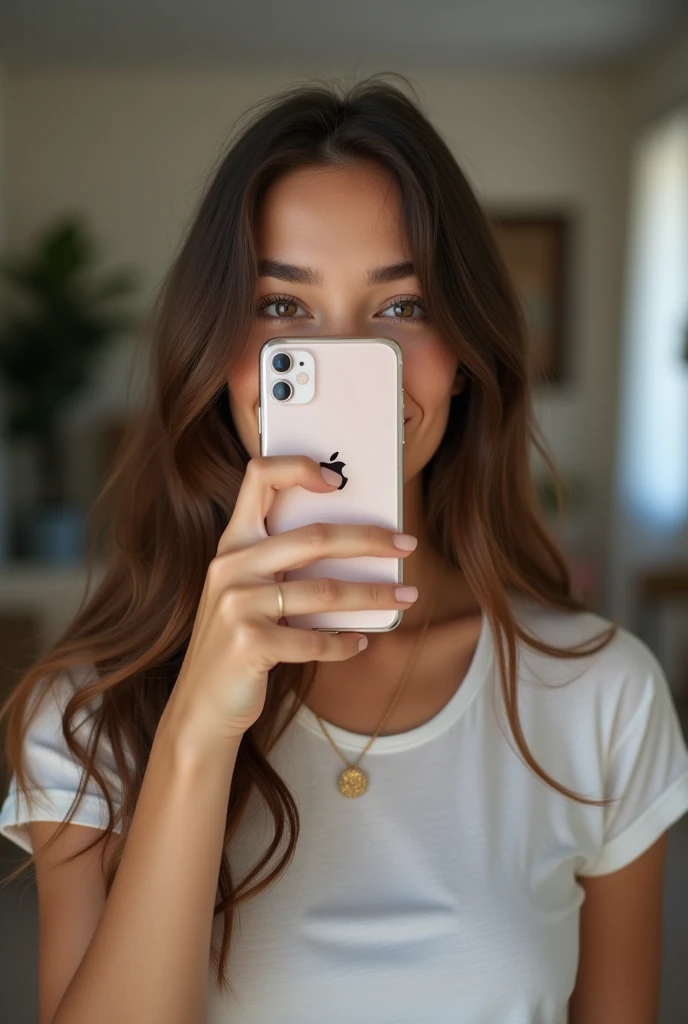 "A real 20 years young woman in her early twenties holding an iPhone in front of her face, covering her mouth. She has long, wavy brown hair and expressive brown eyes that are the focal point of the image. The girl is taking a selfie, with the iPhone slightly angled to cover the lower part of her face, leaving only her eyes and nose visible. She is indoors, in a modern, well-lit room with a cozy atmosphere, featuring subtle decor like plants and artwork in the background. She is dressed casually in a simple t-shirt and accessorized with a delicate necklace. The overall vibe is playful and mysterious, as her covered mouth adds an element of intrigue to the selfie."