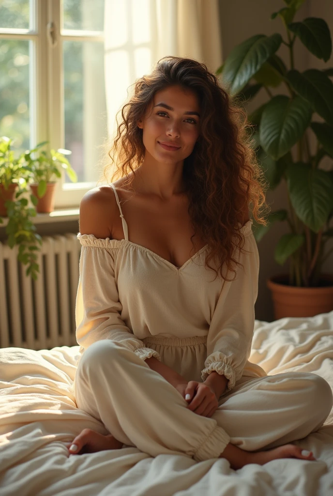 (photorealism:1.2), beautiful woman, sitting on bed, wearing loose off-shoulder top, pajama pants, long curly hair, indoors, soft lighting, plants in background, window with sunlight, cozy room, relaxed pose, realistic, intricate details, warm colors, by Greg Rutkowski, by Alphonse Mucha
