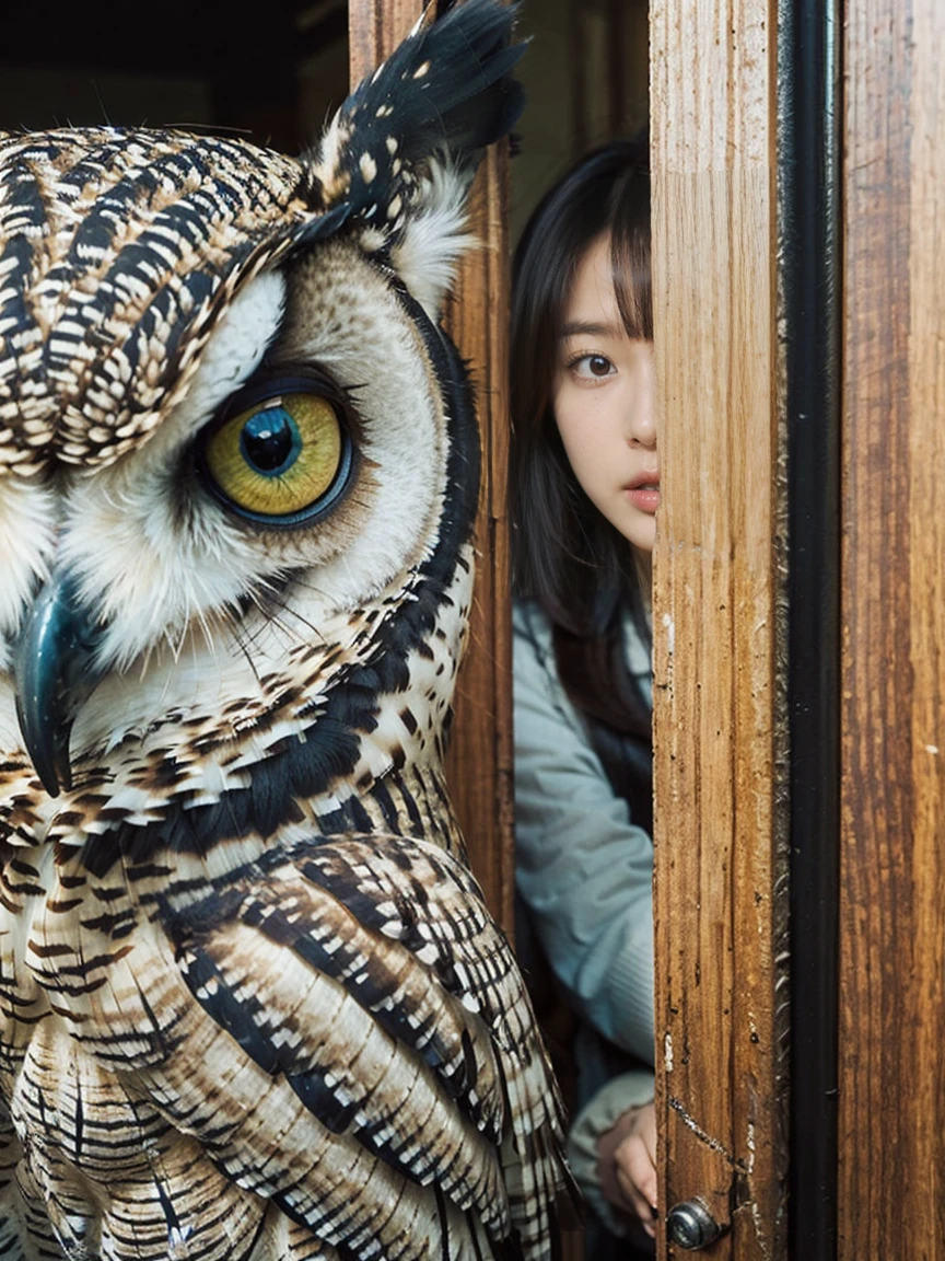 ((Top Quality)), ((Masterpiece)), ((Details)), upper body, (big eyes: 1.2), ((close-up: 1.2)), More Saturation, strong reflections, bright shade, Place the girl in the foreground at large, ((Surrealism: 1.3)),  secret door, guard dog, owl, girl, "In the heart of an overgrown forest, a girl discovers a secret door hidden within the roots of an ancient tree. A vigilant watchdog guards the entrance, while an owl perches silently above, its keen eyes reflecting the mysteries beyond the door."