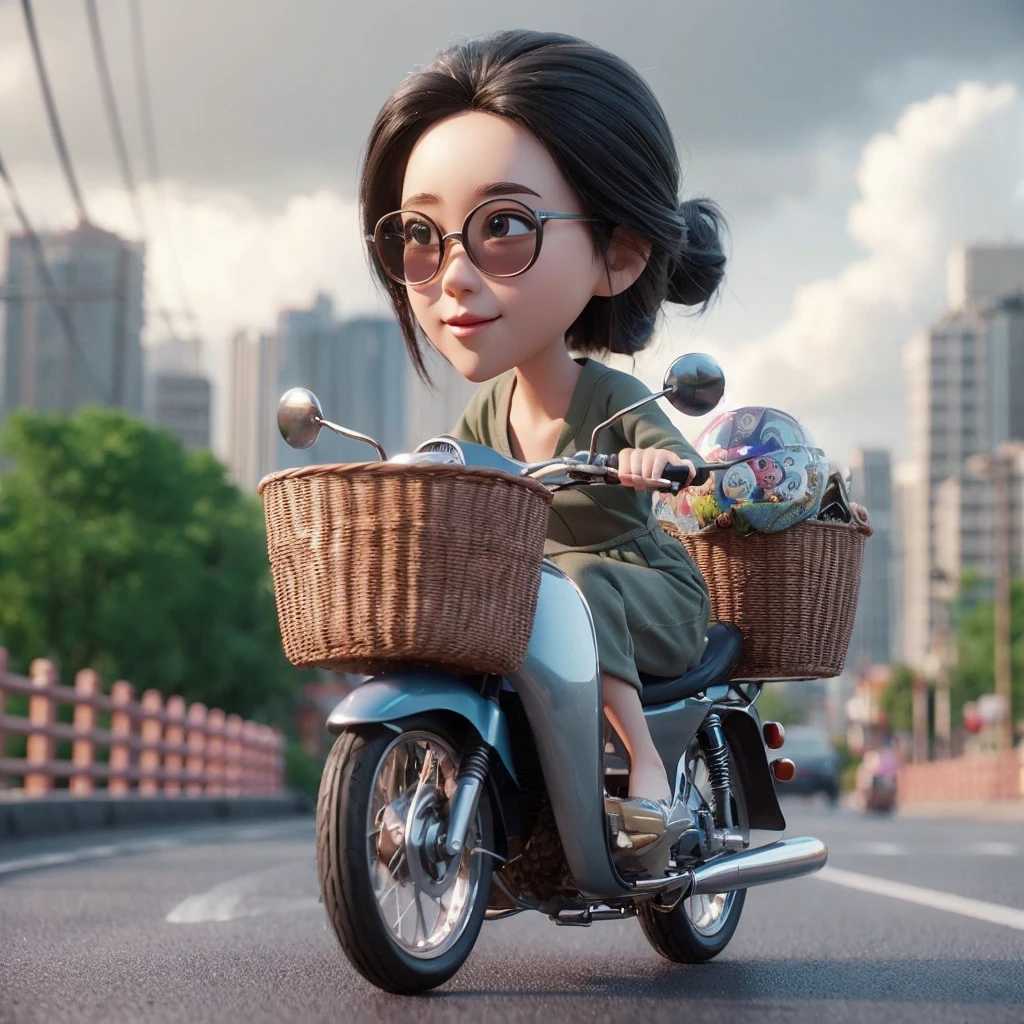 a close up of a cartoon character riding a motorcycle with a basket on the back, pixar cute character design, inspired by Rudy Siswanto, cute pixar character, in style of disney animation, animated film, small character. unreal engine 5, cute 3 d render, 3 d character, 3d character, depicted as a pixar character, pixar and disney 3d style