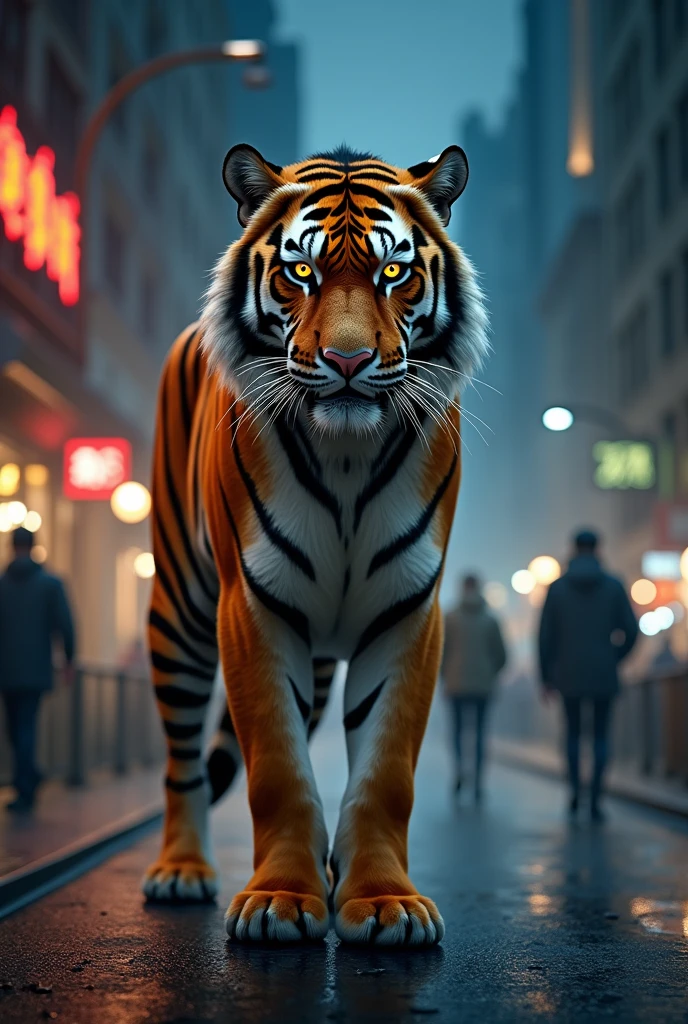 a tiger standing in night and people are walking around