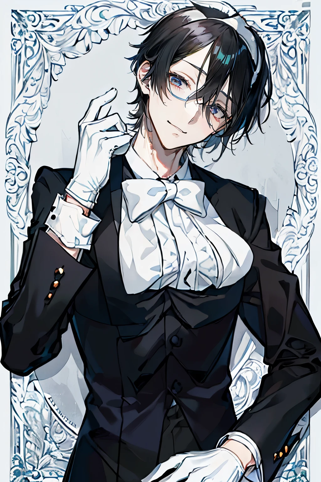 (Mastepiece)、(Best Quality)、Very detailed、((1 butler:1.5))、Perfect Face、Beautiful Face、Very detailedな顔、(Black Hair:1.3)、Black butler uniform、Glasses、(White gloves:1.3)、Smiling face