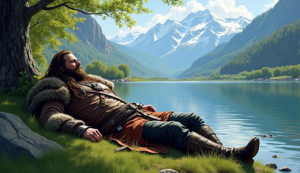 a long-haired warrior man dressed in medieval clothing lying on the grass next to a flowing river with mountains in the background of the landscape