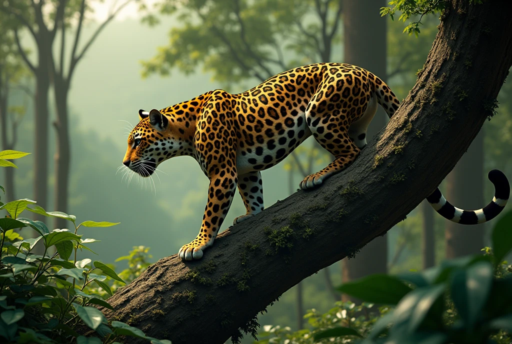 Create a captivating, hyper-realistic, AI-generated artwork of a jaguar perched on a tree, poised to pounce on its prey. The jaguar should be depicted in a dynamic and intense moment, crouched low on a sturdy branch, with its body tensed and eyes focused intently on a target below. Showcase the jaguar’s distinctive rosette-patterned coat and powerful, muscular build, emphasizing its readiness to strike.
The scene should reflect the lush Amazon rainforest, with dense foliage, towering trees, and a variety of undergrowth surrounding the tree. Include details such as the textured bark of the tree, the dappled light filtering through the canopy, and the rich, vibrant colors of the rainforest vegetation.
Use natural, earthy tones to depict the jaguar and its environment, highlighting the contrast between the jaguar’s coat and the green foliage. The lighting should be soft and natural, with sunlight filtering through the leaves and casting gentle shadows on the jaguar and the tree.
The style should be hyper-realistic yet artistic, focusing on the jaguar’s predatory stance and the richness of its forest habitat. The final artwork should be high-resolution and visually striking, capturing the raw power and intense focus of the jaguar as it prepares to pounce in its natural setting.