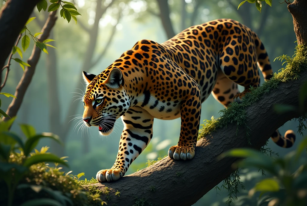 Create a captivating, hyper-realistic, AI-generated artwork of a jaguar perched on a tree, poised to pounce on its prey. The jaguar should be depicted in a dynamic and intense moment, crouched low on a sturdy branch, with its body tensed and eyes focused intently on a target below. Showcase the jaguar’s distinctive rosette-patterned coat and powerful, muscular build, emphasizing its readiness to strike.
The scene should reflect the lush Amazon rainforest, with dense foliage, towering trees, and a variety of undergrowth surrounding the tree. Include details such as the textured bark of the tree, the dappled light filtering through the canopy, and the rich, vibrant colors of the rainforest vegetation.
Use natural, earthy tones to depict the jaguar and its environment, highlighting the contrast between the jaguar’s coat and the green foliage. The lighting should be soft and natural, with sunlight filtering through the leaves and casting gentle shadows on the jaguar and the tree.
The style should be hyper-realistic yet artistic, focusing on the jaguar’s predatory stance and the richness of its forest habitat. The final artwork should be high-resolution and visually striking, capturing the raw power and intense focus of the jaguar as it prepares to pounce in its natural setting.