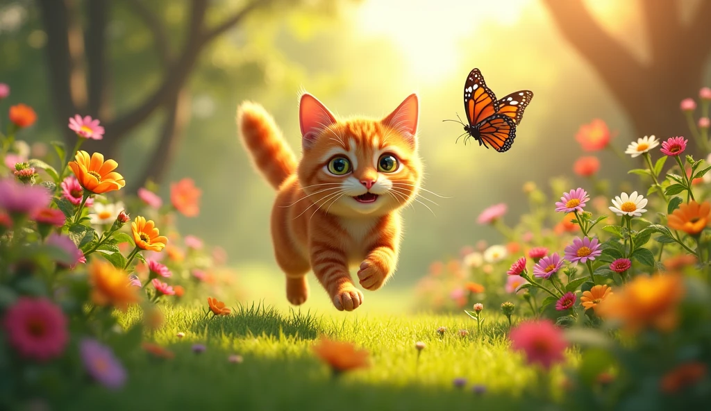 Create an image of Whiskers, the adventurous cat, on a sunny day. The sun is shining brightly, casting a warm glow over Whiskers as they explore a vibrant, lush garden. Whiskers is playfully chasing a colorful butterfly with a joyful expression, surrounded by blooming flowers and greenery.