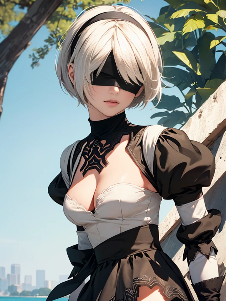 {(masterpiece,best quality, 16K portrait, UHD, extremely detailed the work, detailed beautiful face and eyes and skin and hair)} 
BREAK {(ultra realistic photo graphic style:1.2)} 
BREAK {solo,(2B of Nier-Automa:1.4), (lightbrown-lightwhite colored hair:1.4, short cut hair), (medium mouth),(blindfold with black bandana:1.4),(left-eye hidden by bangs),(slender body,small breasts):1.2,captivating lips} 
BREAK {(Nier-Automata-2B costume:1.2),(cleavage between breasts:1.2),(hairband:1)} 
BREAK {(face-focus closeup)}