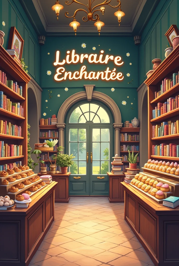 Library with pastries french vibe poster with the title Librairie Enchantée no people just the library with books and pastries cutesy aesthetic 