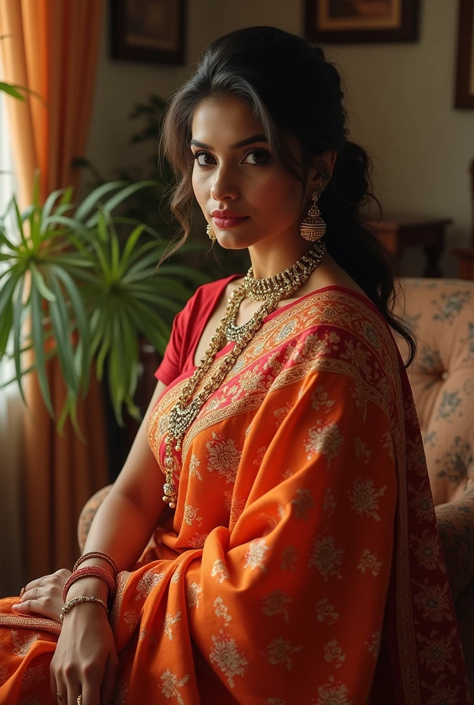A beautiful Indian saree girl is sitting in the house, whose figure is 38'34'36, and her boobs size is 38'.