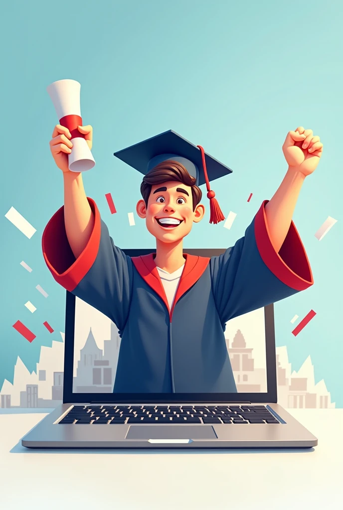 From a laptop comes a running man wearing a graduation uniform, holding a graduation certificate, and very happy
, a 2D cartoon drawing with high detail.