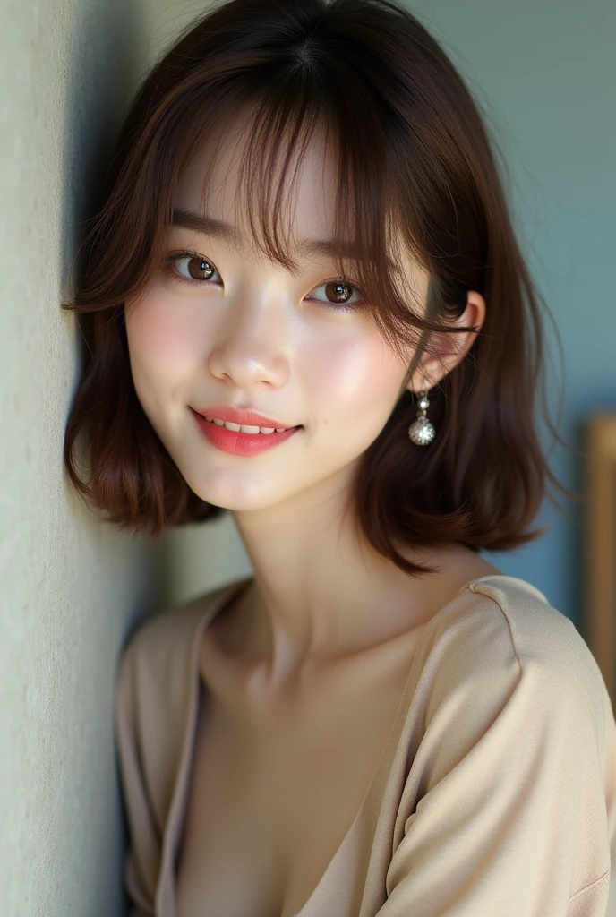 Highest quality(beautiful)、naked、Nipples、Full view of 、Brown eyes、22-year-old female、smile、Gal、Semi-short hair、Natural Lip、Soft Breasts、