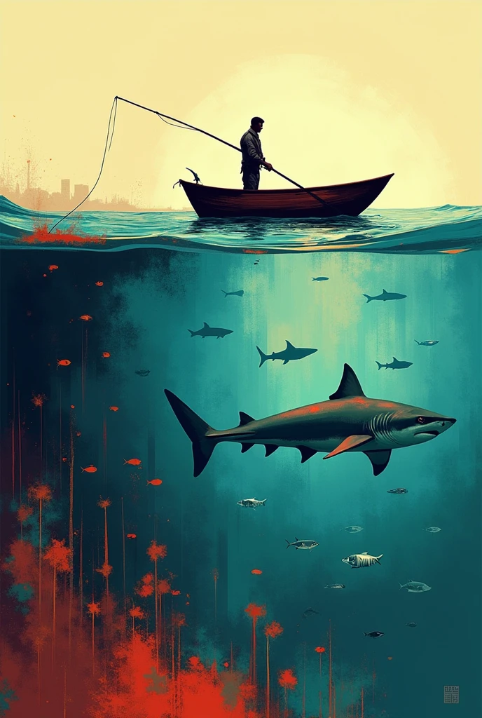 a fisherman with his boat on the water and under water a shark and many fish, arte abstrata