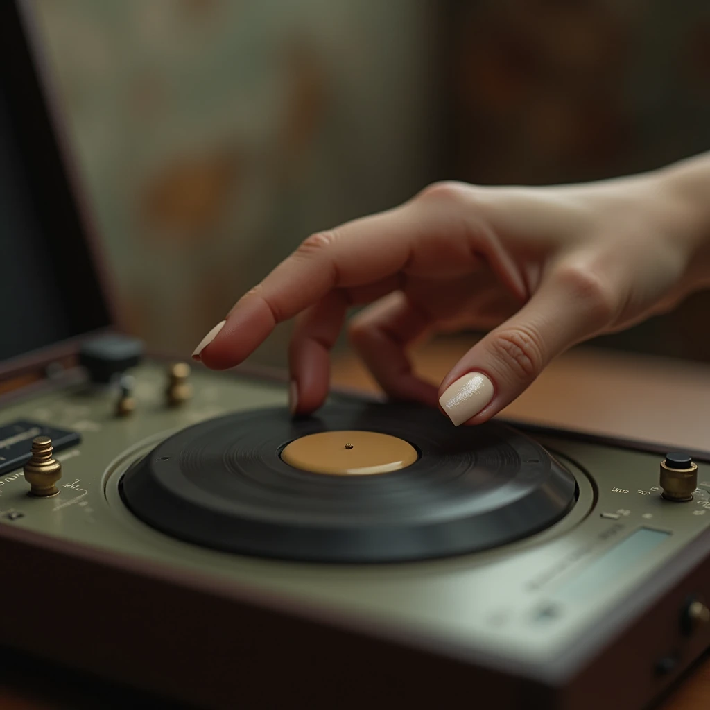 A girl's finger pressing play on an old music player, beautiful finger nail 