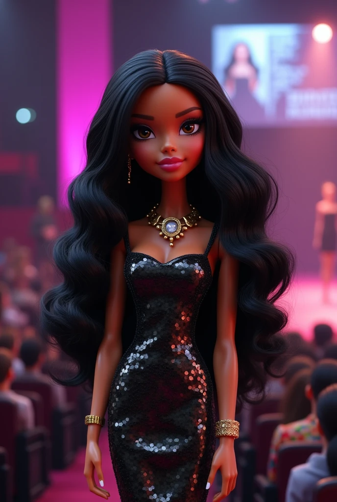 Generates a Bratz with long wavy black hair and brown eyes who is giving a lecture at a large event