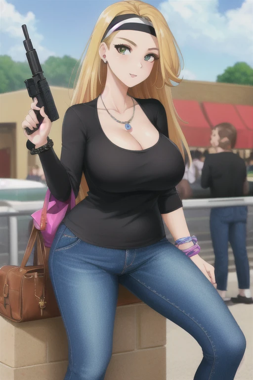 Highest quality、Ultra HD、One Woman、(blonde long hair 1.3)、(1 open-necked black shirt.3)、(Jeans 1.3)、(Black headband)、(Black Heels 1.1)、((Shoot a gun 1.2))、(Silver necklace)、(Large Breasts)、(Beautiful face with sharp eyes 1.2)、(tall)、Red bracelet on left wrist、(Cleavage 1.1)、40-year-old woman、Slender body、(Daytime city background 1.2)、((Clear and beautiful touch))