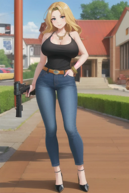 Highest quality、Ultra HD、One Woman、(blonde long hair 1.3)、(1 open-necked black shirt.3)、(Jeans 1.3)、(Black headband)、(Black Heels 1.1)、((Shoot a gun 1.2))、(Silver necklace)、(Large Breasts)、(Beautiful face with sharp eyes 1.2)、(tall)、Red bracelet on left wrist、(Cleavage 1.1)、40-year-old woman、Slender body、(Daytime city background 1.2)、((Clear and beautiful touch))