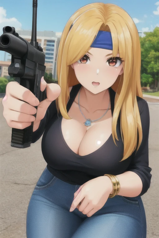 Highest quality、Ultra HD、One Woman、(blonde long hair 1.3)、(1 open-necked black shirt.3)、(Jeans 1.3)、(Black headband)、(Black Heels 1.1)、((Shoot a gun 1.2))、(Silver necklace)、(Large Breasts)、(Beautiful face with sharp eyes 1.2)、(tall)、Red bracelet on left wrist、(Cleavage 1.1)、40-year-old woman、Slender body、(Daytime city background 1.2)、((Clear and beautiful touch))