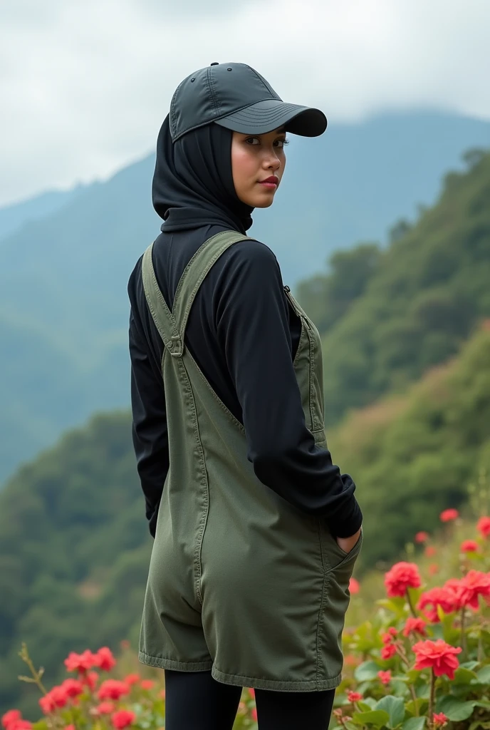 full-body portrait photograph of a young java woman hijab with polo Cap, wearing pinafore with tight-fitting , hotpant with leggings, oversized_breasts.", she is hiking, beautiful_breasts. sensual body, in a unique, photoshot model, ((In front of flowers in top of mountais)), pullover, highres, 4k, HDR, 1girl, photorealistic, realistic, big booobs, turning away facial at viewer, closeup