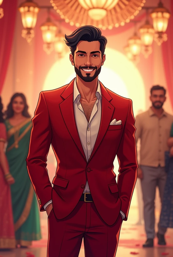 Anime boy in He's at a wedding with red pants and a red suit and his smiling very good way [anime boy age 24] [his looking very hot and good] but is punjabi 
Art style in anime 