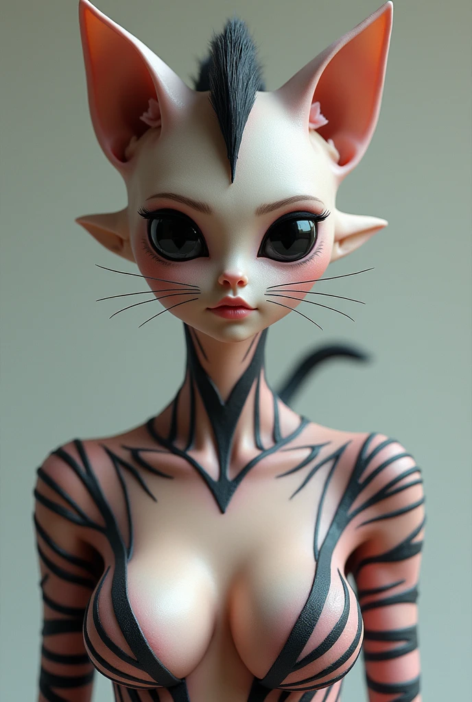 one girl, Cat ears, , pure, cute naked, topless, a Woman alien mix, human Body, big tits, cat skin, alien Cat nose but the Rest of the face ist human, (((whiskers))) big eyes, full black eyes, hybride 10 % Cat 50 %alien and 40 % human, face mostly woman,fur at Body Arms and shoulders and neck, tits are human , nipples , full black Iris, slender No clothes,snake shed skin,black fur pink  stripws, mohawk, fat lips, bimbo lips,tail, fangs, 