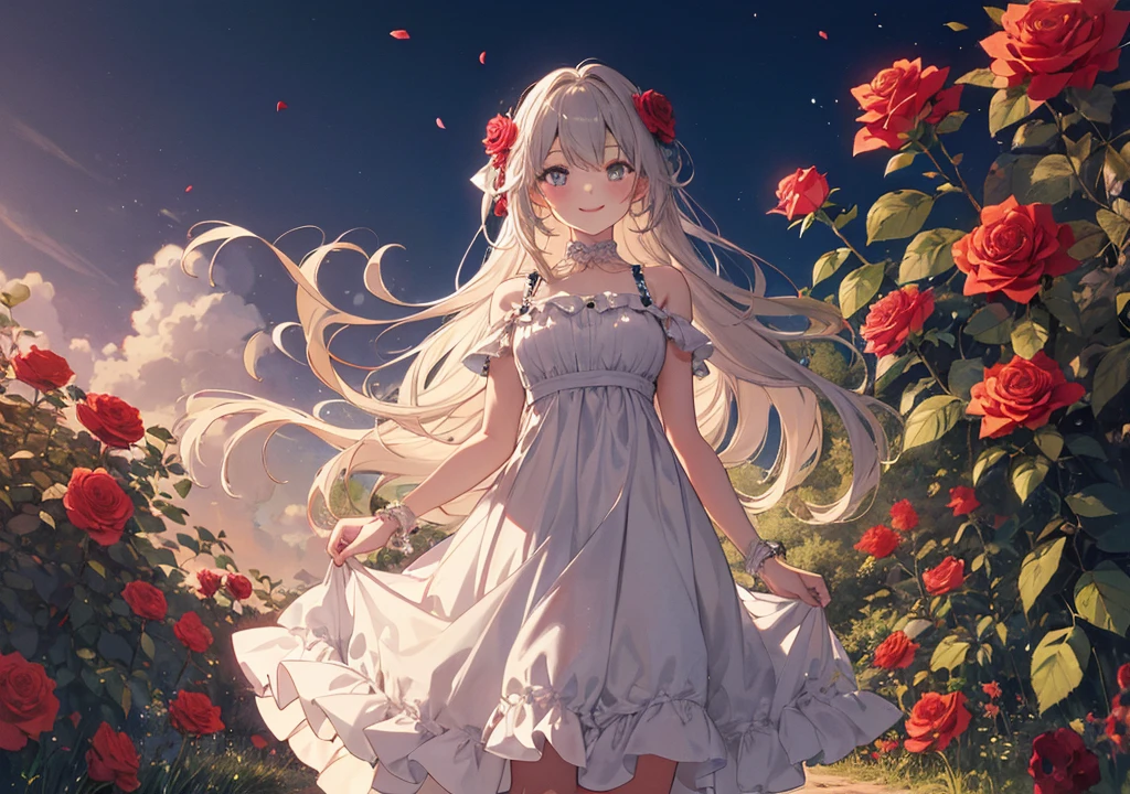 A girl stands in the middle of a garden surrounded by red roses in full bloom, smiling. Her dress is a soft white color, and her hair is elegantly swaying as the rose petals dance in the wind. The warm light of dusk shines in the background, making the color of the roses more vivid