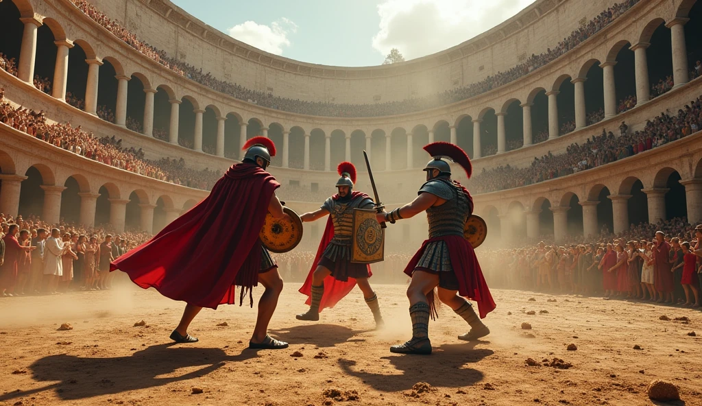 Three Roman soldiers fighting among themselves,  Every man for himself, inside an arena, inside a coliseum, full of people watching the fight, some cheering, others watching with looks of attention