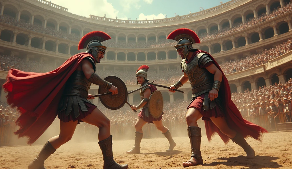 Three Roman soldiers fighting among themselves,  Every man for himself, inside an arena, inside a coliseum, full of people watching the fight, some cheering, others watching with looks of attention