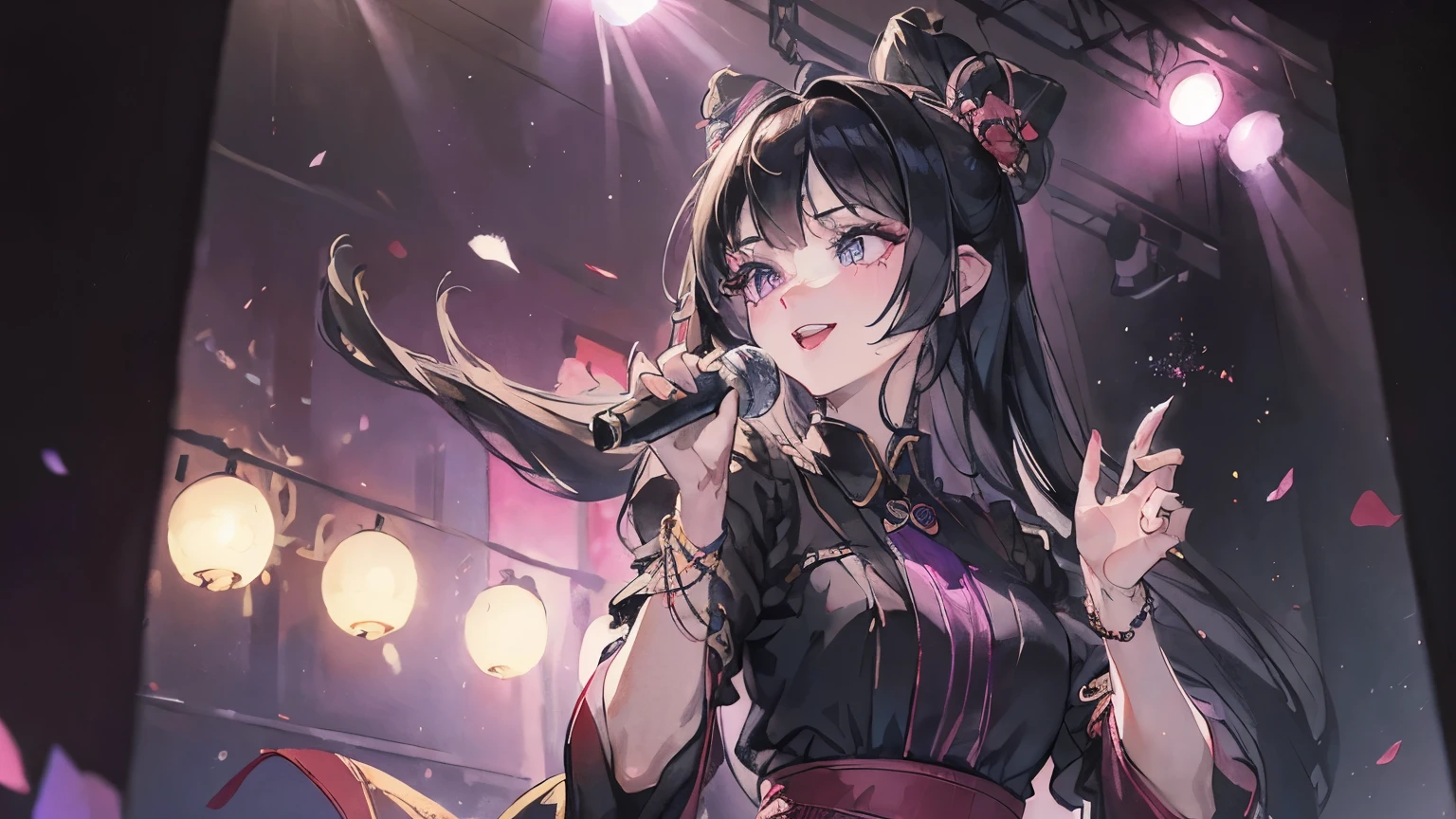 ((masterpiece)), Highest quality, (8k, Highest quality, masterpiece: 1.2), Very detailed, stageで女性1人がsinging、Black Hair、Long Hair、Dark purple blouse shirt（Short sleeve）、bracelet、Pink Lips、Big eyes、Double eyelids、Beauty、Beautiful Eyes、singer、stage、Spot Light、Gorgeous lighting、Sad expression、Highest quality、最高masterpiece、Extremely detailed、Upper body composition、Front angle、singing、smile、cool、Front composition、Age 25、Upper body close-up