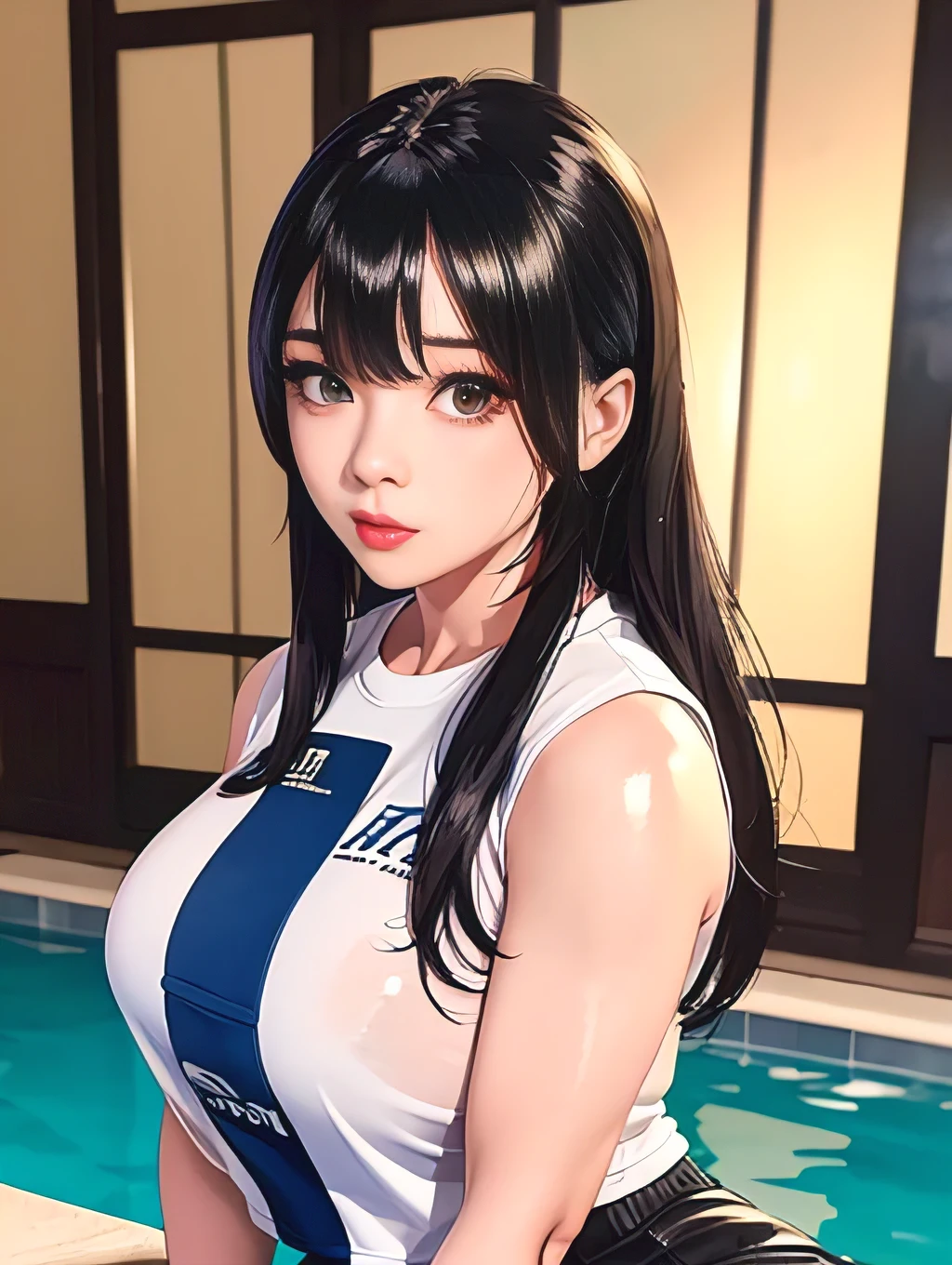 Unreal Engine 5 Realistic Rendering, Wearing a wet uniform T-shirt and skirt, Korean Model, bangs, Beautiful Face, The upper body is super realistic with thick muscles and super maximum_chest!! chestのタイプ_melon, Huge butt underneath, Wet and shiny body