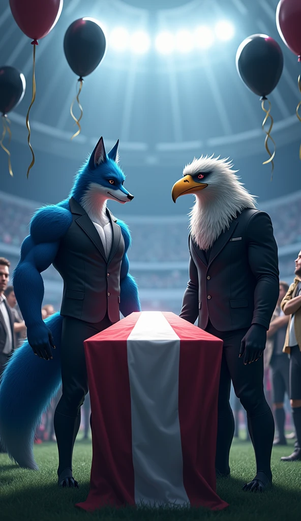 a blue male fox, muscular, puffed out chest, black suit, next to a beautiful, muscular vulture bird, without crest, puffed out chest, black suit, inside a soccer stadium, everyone is sad seeing a coffin with a flag over it highlighted in the colors blue, white, red, black balloons flying in the wind