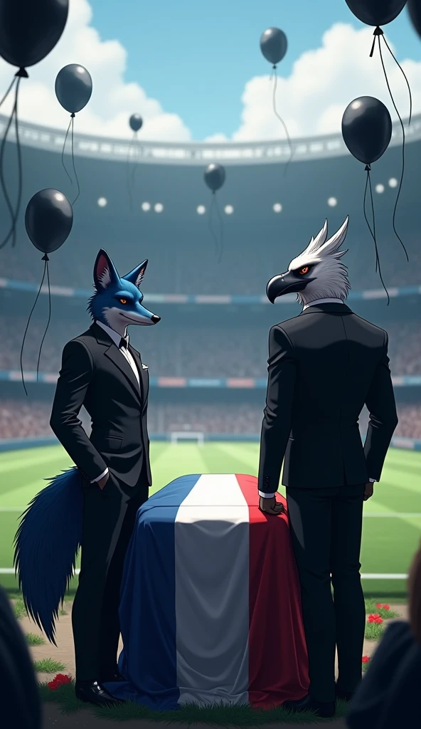 a blue male fox, muscular, puffed out chest, black suit, next to a beautiful, muscular vulture bird, without crest, puffed out chest, black suit, inside a soccer stadium, everyone is sad seeing a coffin with a flag over it highlighted in the colors blue, white, red, black balloons flying in the wind