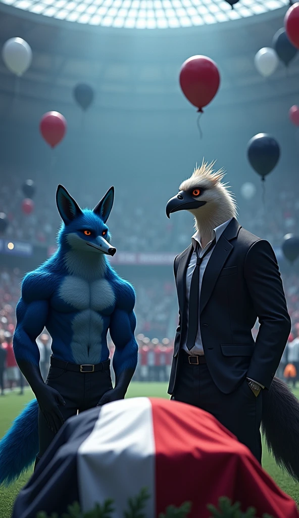 a blue male fox, muscular, puffed out chest, black suit, next to a beautiful, muscular vulture bird, without crest, puffed out chest, black suit, inside a soccer stadium, everyone is sad seeing a coffin with a flag over it highlighted in the colors blue, white, red, black balloons flying in the wind