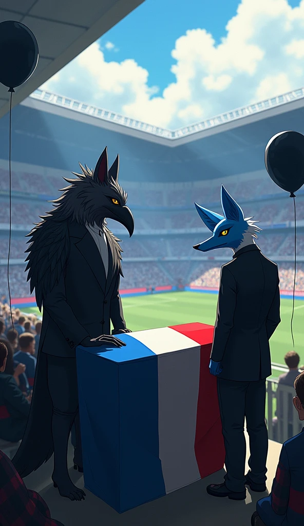 a blue male fox, muscular, puffed out chest, black suit, next to a beautiful, muscular vulture bird, without crest, puffed out chest, black suit, inside a soccer stadium, everyone is sad seeing a coffin with a flag over it highlighted in the colors blue, white, red, black balloons flying in the wind