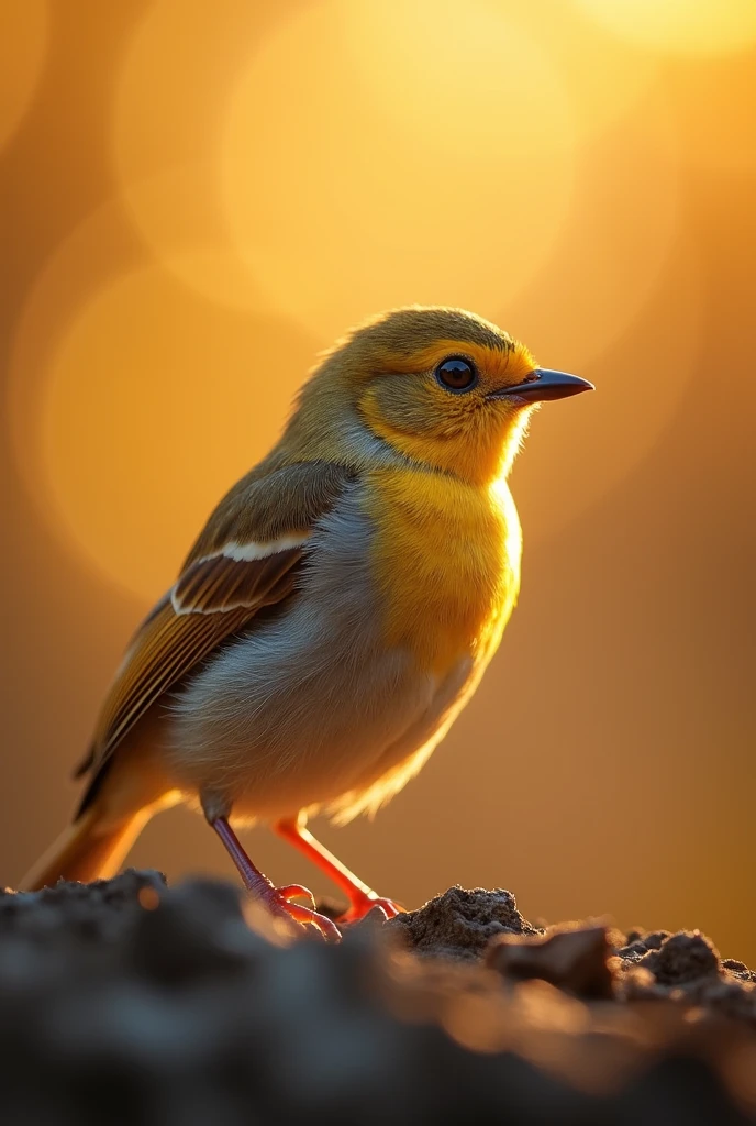 Fascinating close-up portrait of a beautiful little bird in soft light, Golden light of a quiet morning, The vibrant bokeh balls gently frame the delicate shape..