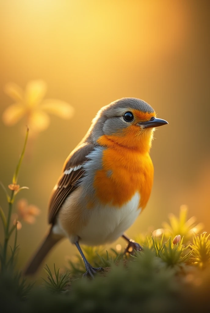 Fascinating close-up portrait of a beautiful little bird in soft light, Golden light of a quiet morning, The vibrant bokeh balls gently frame the delicate shape.. 