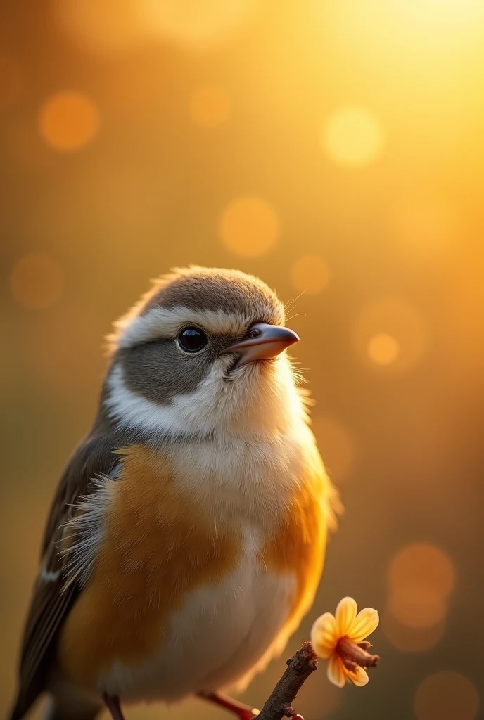 Fascinating close-up portrait of a beautiful little bird in soft light, Golden light of a quiet morning, The vibrant bokeh balls gently frame the delicate shape..