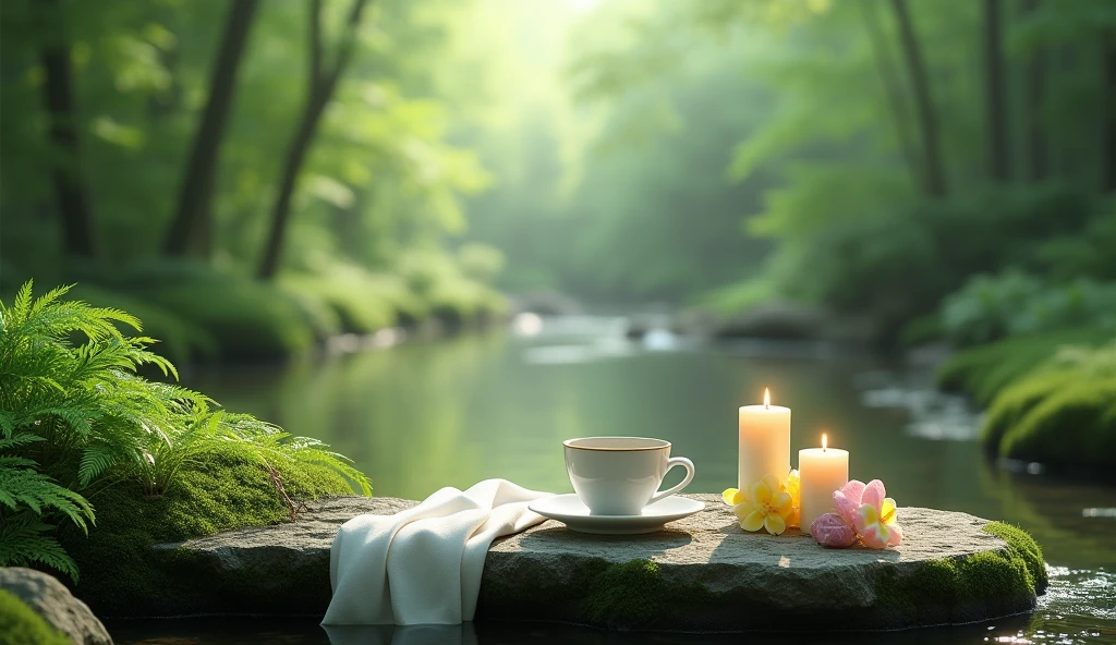 A minimalist Japanese style scene，There is a gurgling stream.Stone platform covered with ferns located deep in the tranquil forest bokeh background、Light two scented candles，Dendrobium、White silk scarf、SPA energy crystals of various colors、a cup of coffee，Create a fresh、Bright、Relaxing and comfortable atmosphere，Evoking a sense of tranquility and simplicity。A peaceful aura or meditative state has a warm and pure atmosphere