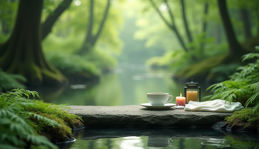 A minimalist Japanese style scene,There is a gurgling stream.Stone platform covered with ferns located deep in the tranquil forest bokeh background、Light two scented candles,Dendrobium、White silk scarf、SPA energy crystals of various colors、a cup of coffee,Create a fresh、Bright、Relaxing and comfortable atmosphere,Evoking a sense of tranquility and simplicity。A peaceful aura or meditative state has a warm and pure atmosphere