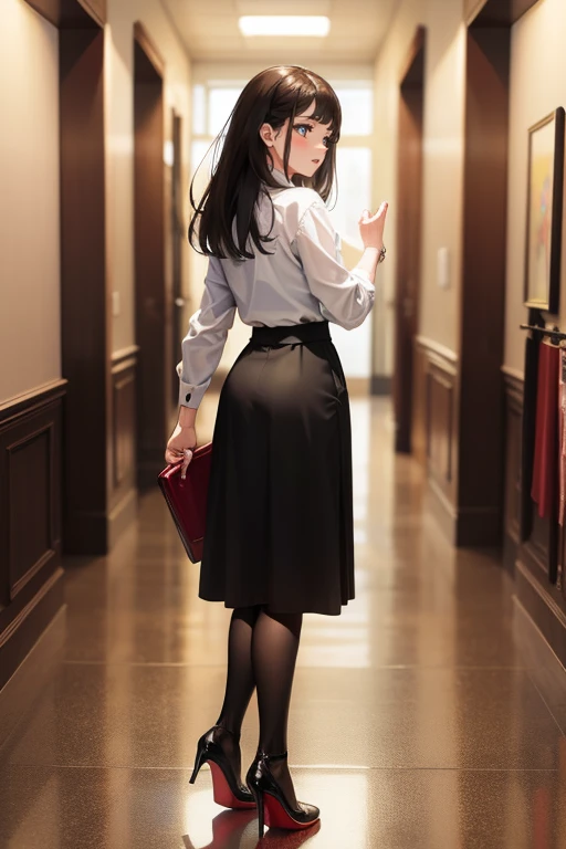 school hallway、Put your left hand on your hip、Point to the front with your right hand、Class Chairperson。A girl with glasses looking at us from behind her back