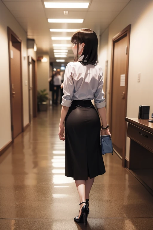 Top Quality, 1girl, full body, from behind,(Hollow skin), bright, blur background, (hair:1.5), black hair, maxi green skirt with tights, louboutin high heels ,superb, in office corridor, working secretary, at desk