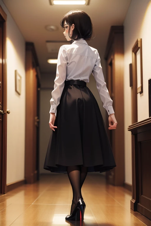 Top Quality, 1girl, full body, from behind,(Hollow skin), bright, blur background, (hair:1.5), black hair, maxi green skirt with tights, louboutin high heels ,superb, in office corridor, working secretary, at desk
