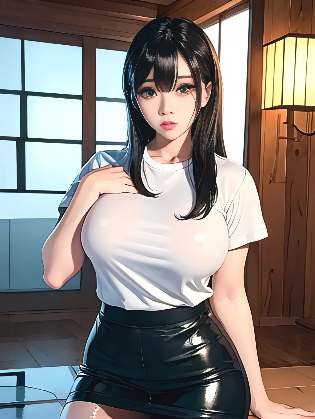 Unreal Engine 5 Realistic Rendering, Wearing a wet uniform T-shirt and skirt, Korean Model, bangs, Beautiful Face, The upper body is super realistic with thick muscles and super maximum_chest!! chestのタイプ_melon, Huge butt underneath, Wet and shiny body