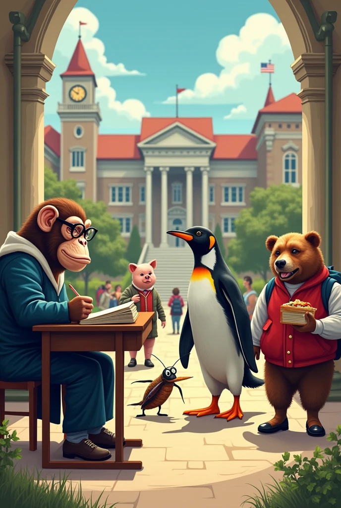 A Monkey , A Penguin , A Dog , A Bear , A Pig  and A Cockroach in a College 