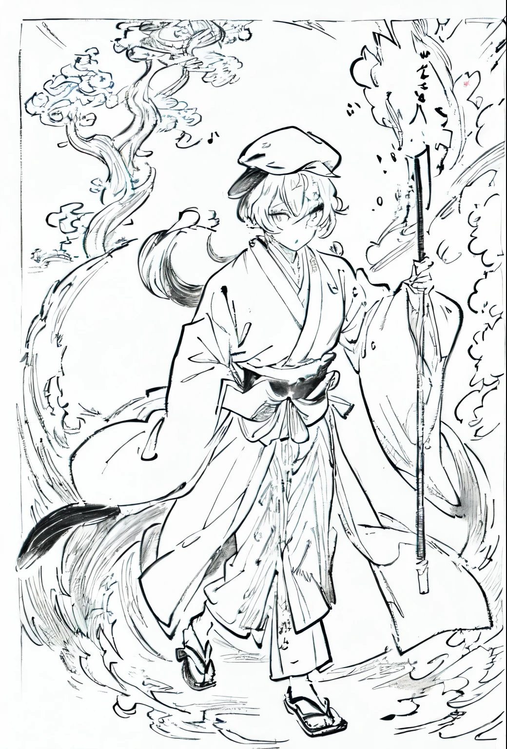 A painting of a costumed woman holding a hat and a walking stick, pencil and Ink Manga, by Junpei Sato, By Yuki Ogura, Beautiful line art, Pencil and ink cartoon, Masamune Shirowのスタイル, Masamune Shirow, Ink Manga, By Hideyuki Kikuchi, Very detailed fan art