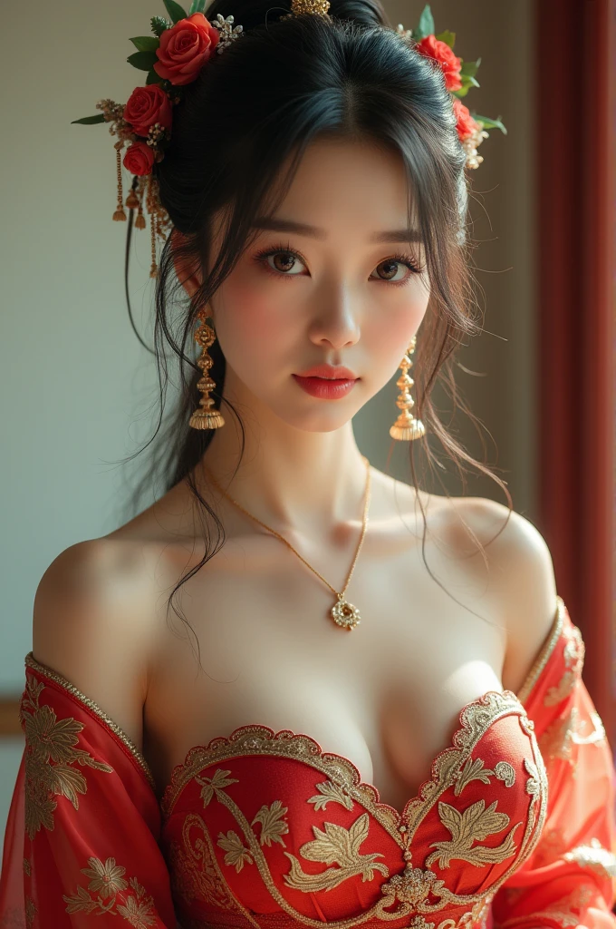 (earrings, breast), from side, male pov, 
(girl), (Bridal Accessories for hanfu Cheongsam Kwa Phoenix), (strapless), (shawl), (Cosplay photo), ((cleavage)), 
chill out, highres, french braid, heterochromia, 
((huge breast)), ((large breasts)), (mole), 
(looking at viewer), ,