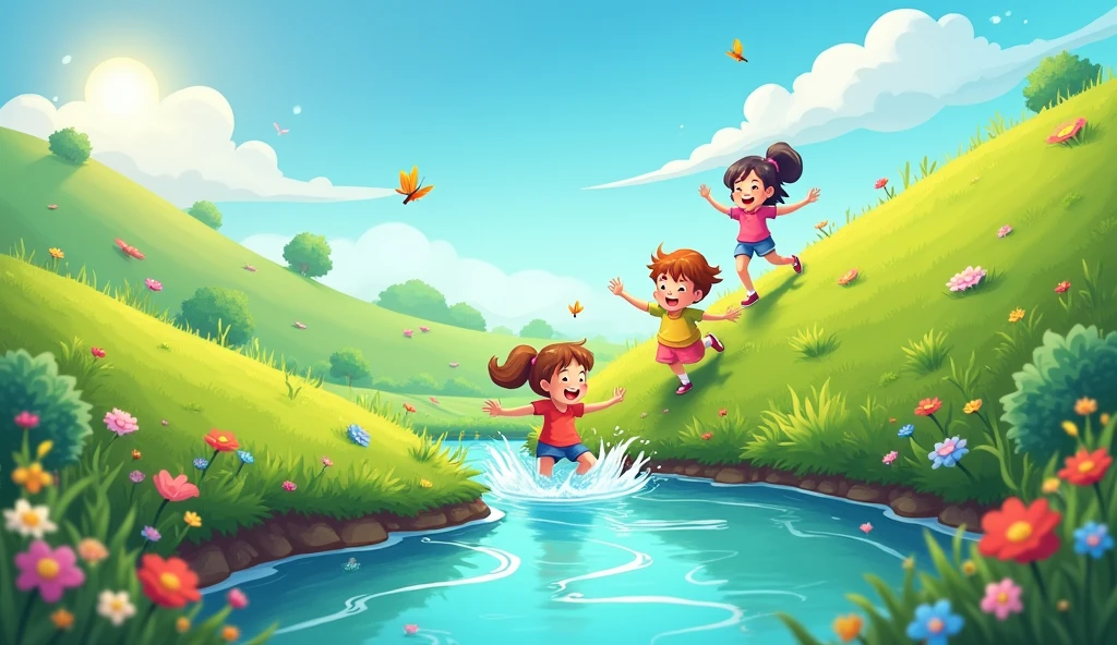 Create a vibrant, whimsical scene of a group of friends climbing a lush green hill under a bright blue sky. They are joyfully splashing in a clear, sparkling stream at the base of the hill. Include details like colorful wildflowers, a few playful butterflies, and sunlight reflecting off the water to capture the essence of adventure and fun.